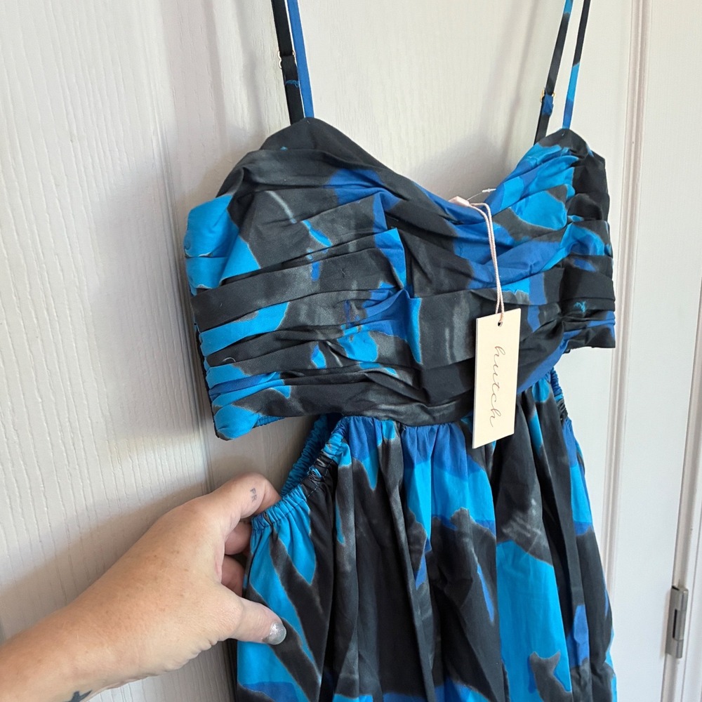 Hutch Blue Black Abstract Floral Cut-Out Midi Dress Tiered High-Low Cotton NWT - Picture 5 of 11